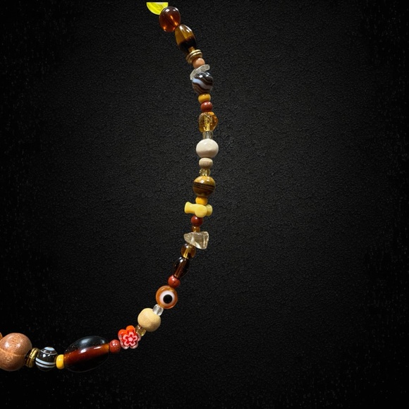 Be Like Honey Mixed Bead Necklace Amber Brown Evil Eye Glass Beads Orange Flower - Picture 6 of 11